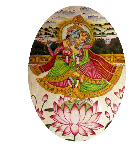 Krishna, huitième avatara de Vishnou, et Râdhâ sa gopi préférée dansant sur un lotus, peinture murale, Shekawati, Rajasthan, Inde